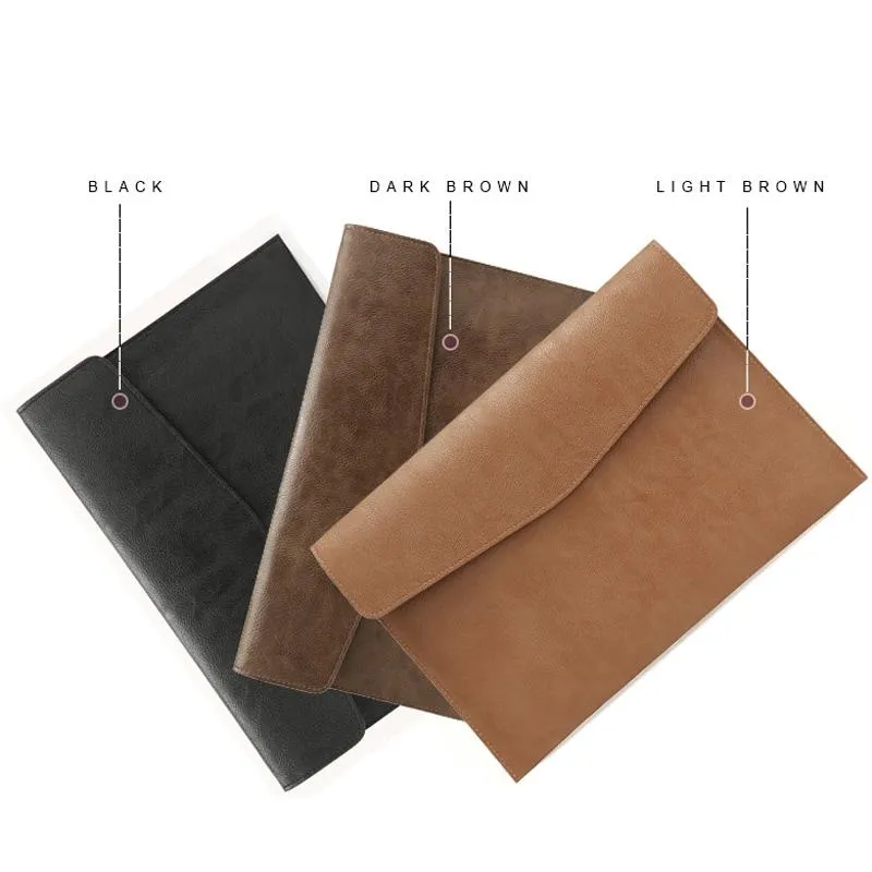 14 Inch Litchi Pattern Laptop Sleeve - Light Brown Pu Leather