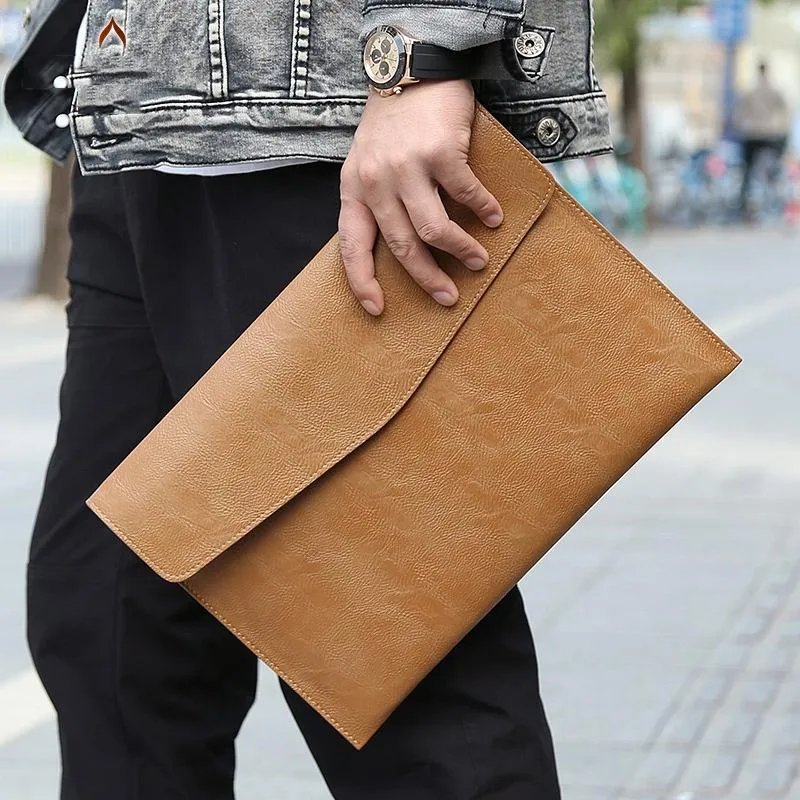 14 Inch Litchi Pattern Laptop Sleeve - Light Brown Pu Leather
