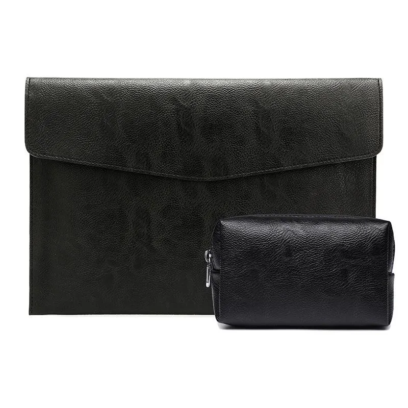 14 Litchi Pattern Laptop Sleeve & Power Bag - Black Leather