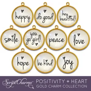 "Positivity   Heart" Set of 10 Encouraging Charms for Jewelry Making, 20mm, Gold or Silver