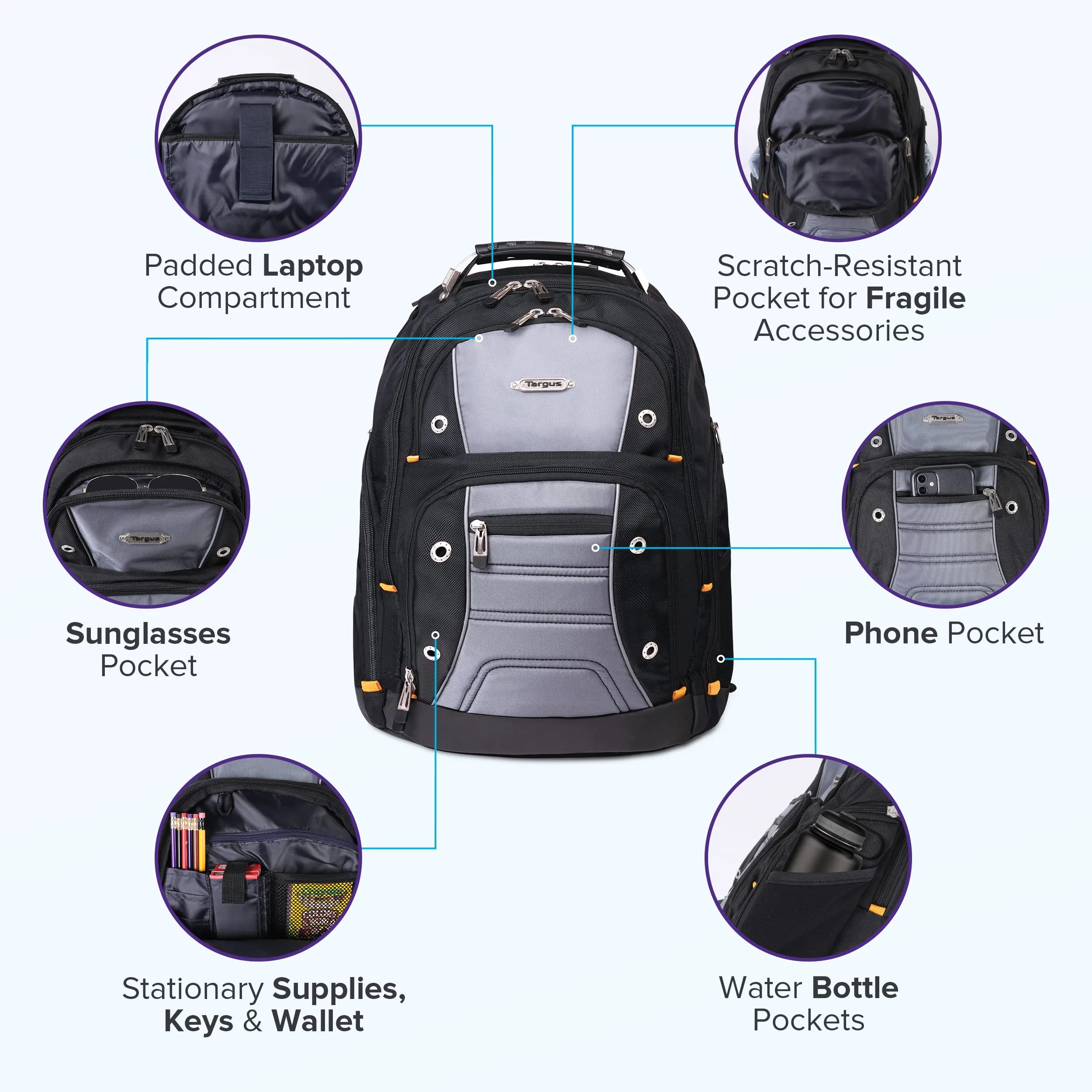 Targus Drifter II Laptop Backpack, Black/Gray  Backpack for Men for Business and Travel, Durable Water-Resistant Material, Fits up to 17" Laptops (TSB239US)