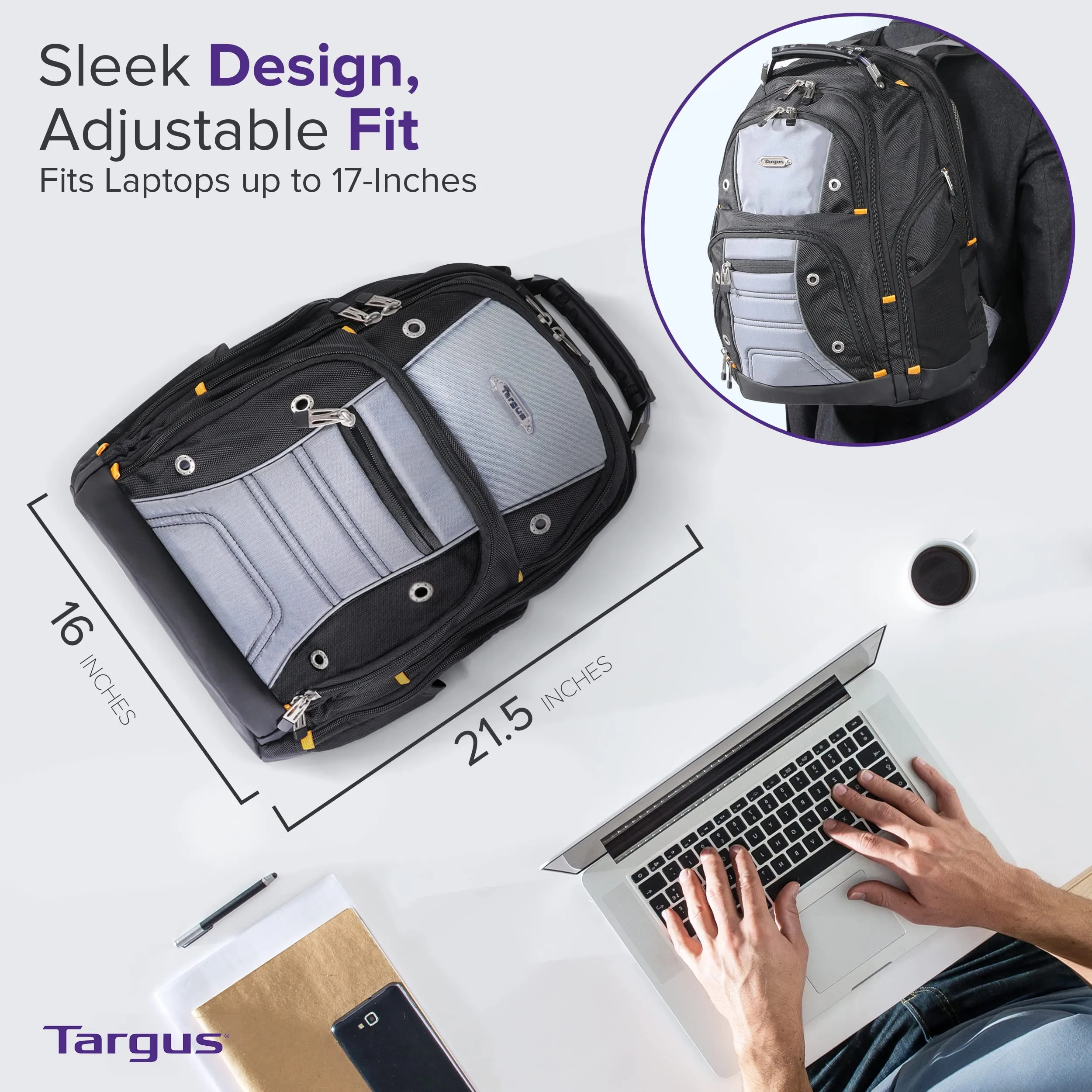 Targus Drifter II Laptop Backpack, Black/Gray  Backpack for Men for Business and Travel, Durable Water-Resistant Material, Fits up to 17" Laptops (TSB239US)