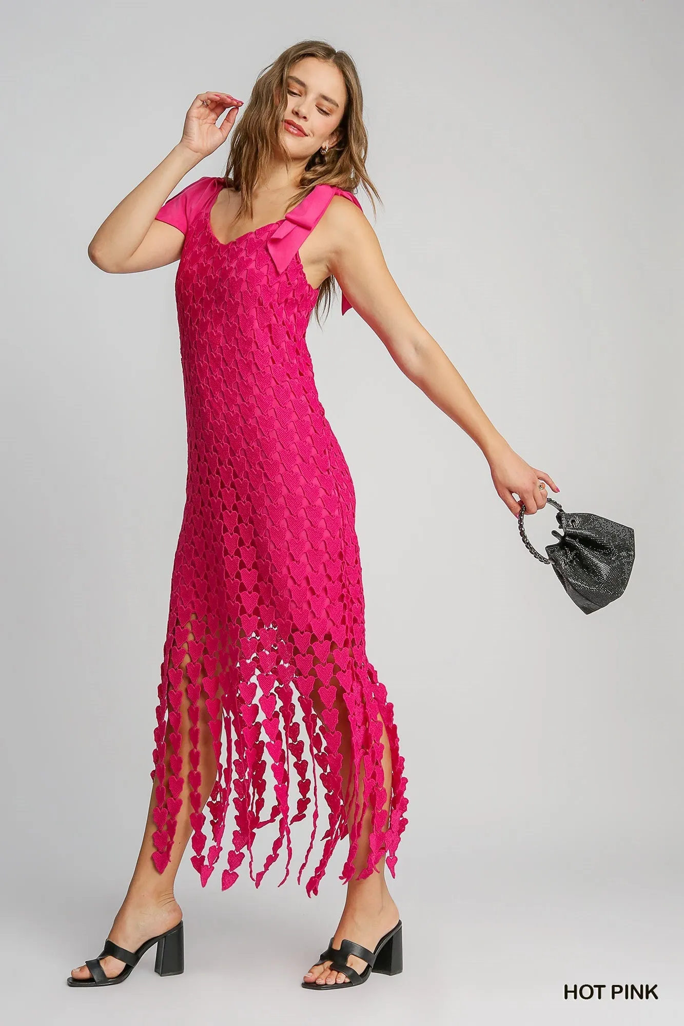 Umgee Hot Pink Heart Lace Fringe Maxi Dress With Bow Tie Strap  Romantic Boho Chic