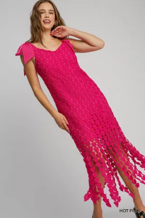 Umgee Hot Pink Heart Lace Fringe Maxi Dress With Bow Tie Strap  Romantic Boho Chic