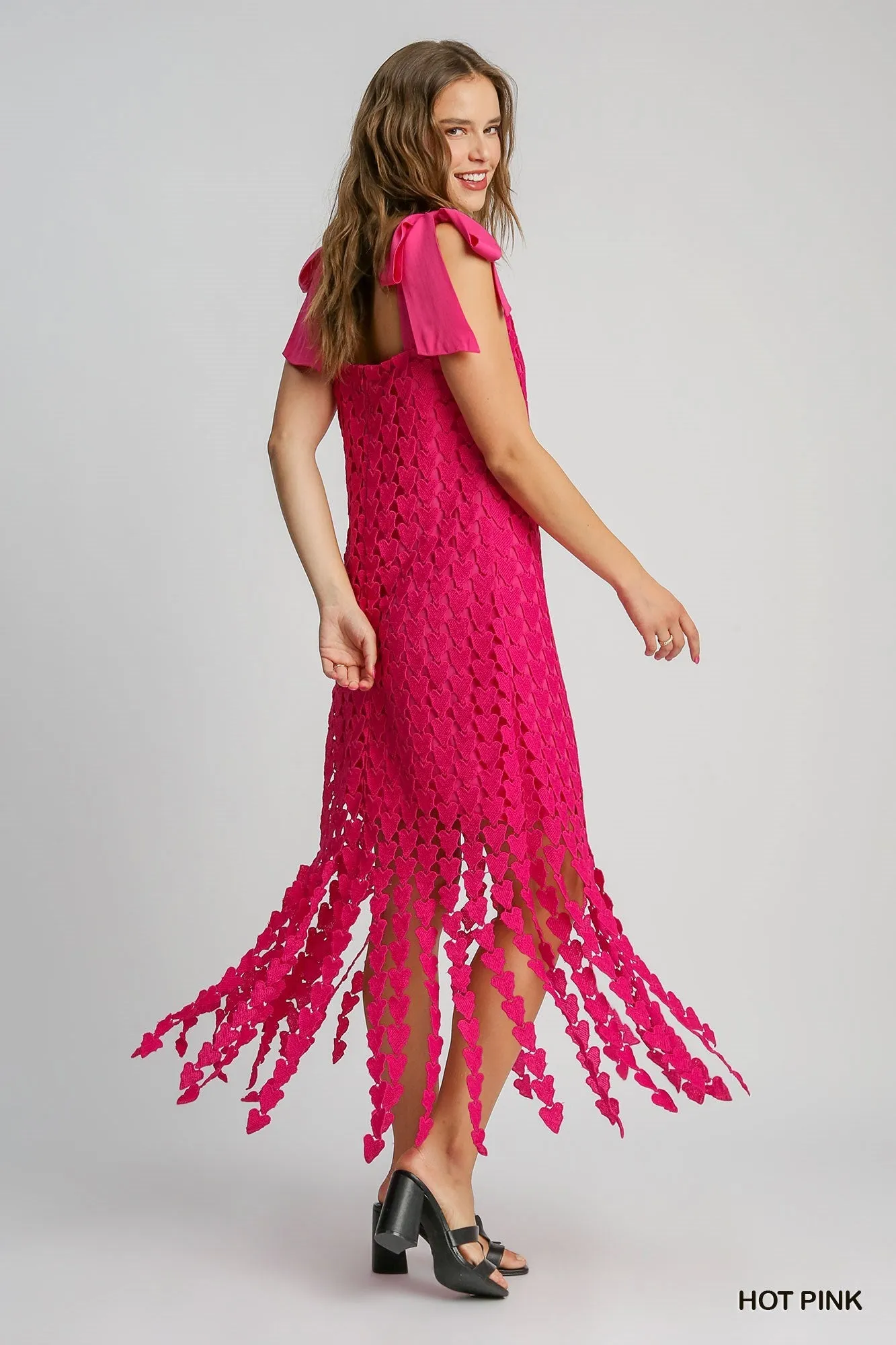 Umgee Hot Pink Heart Lace Fringe Maxi Dress With Bow Tie Strap  Romantic Boho Chic