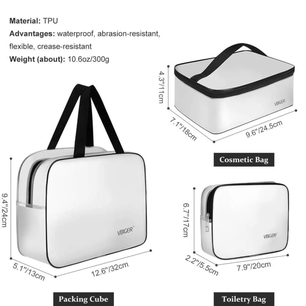 Vbiger TSA Approved Toiletry Bag Set Translucent Cosmetic Bag Packing Cube, Set of 3