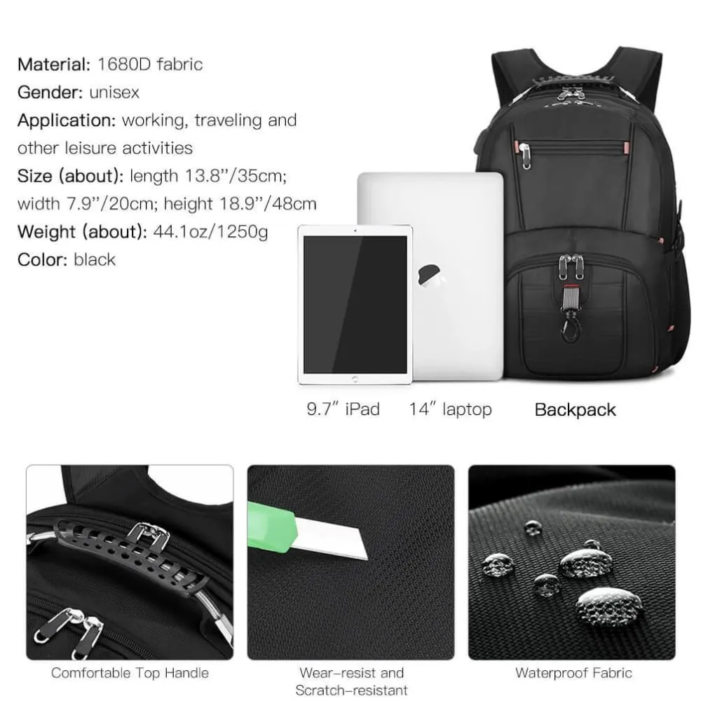 Vbiger Unisex Business Daypack with USB Charging Port and Earphone Hole, Fits 17.3'' Laptop