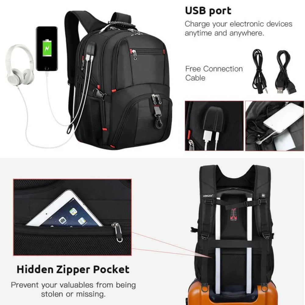 Vbiger Unisex Business Daypack with USB Charging Port and Earphone Hole, Fits 17.3'' Laptop
