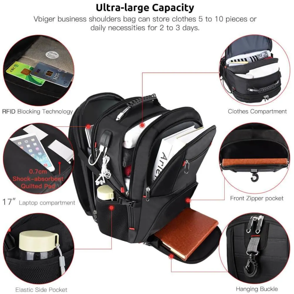 Vbiger Unisex Business Daypack with USB Charging Port and Earphone Hole, Fits 17.3'' Laptop